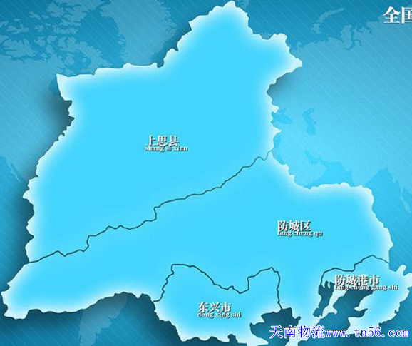 东莞到防城港市物流舆图